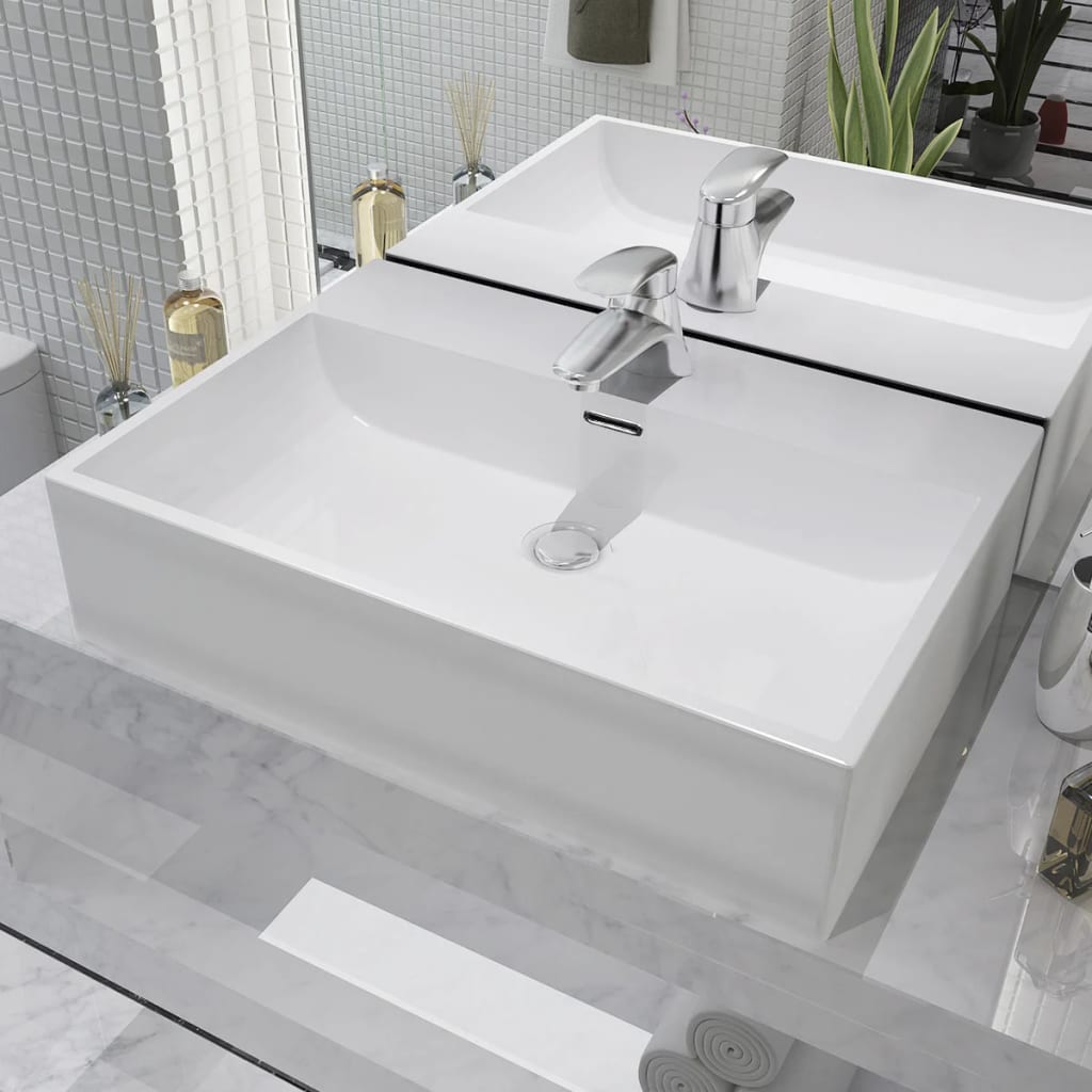 Ceramic Wash Basin with Faucet Hole in White - Bend