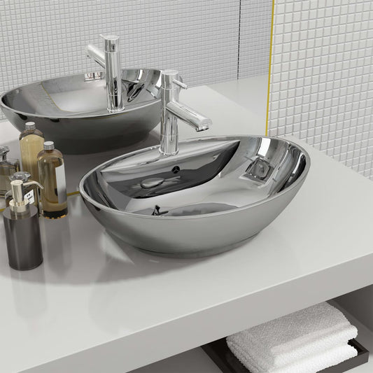 Wash Basin with Overflow 58.5x39x21 cm Ceramic Silver