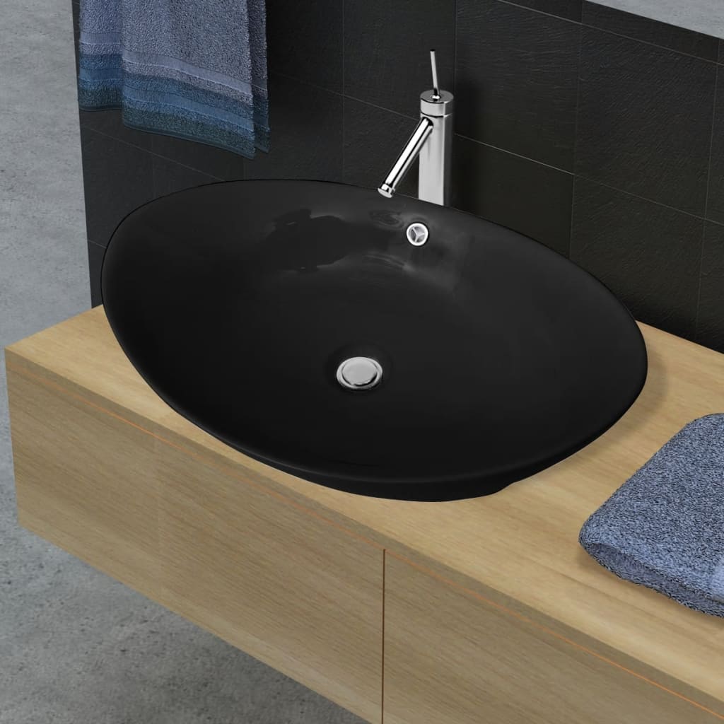 Black Luxury Ceramic Basin Oval with Overflow 59 x 38,5 cm - Bend