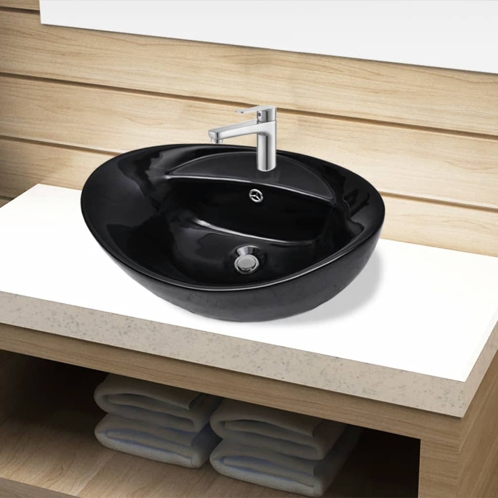 Ceramic Bathroom Sink Basin Faucet/Overflow Hole Black Oval - Bend