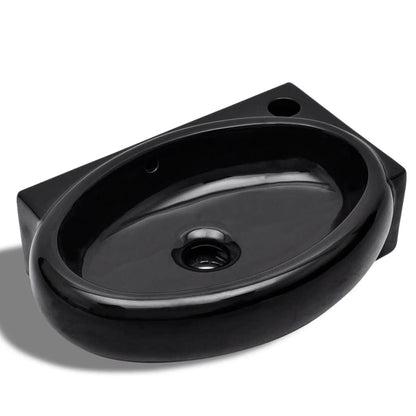 Ceramic Bathroom Sink Basin Faucet/Overflow Hole Black Round - Bend