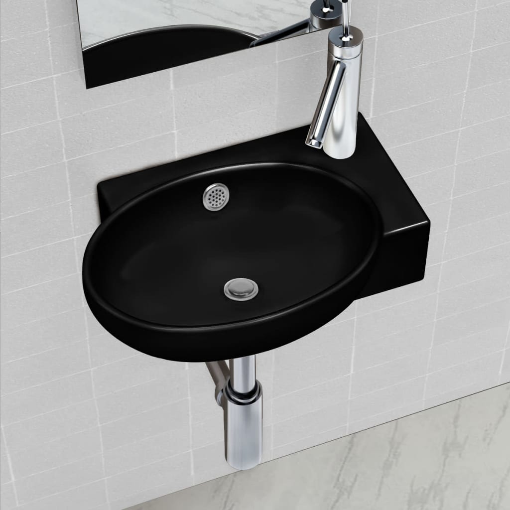 Ceramic Bathroom Sink Basin Faucet/Overflow Hole Black Round - Bend