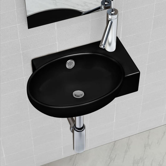 Ceramic Bathroom Sink Basin Faucet/Overflow Hole Black Round - Bend