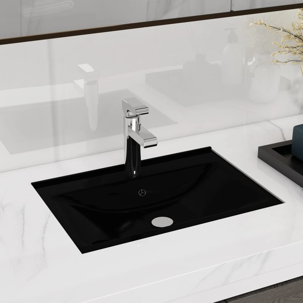 Ceramic Bathroom Sink Basin Faucet/Overflow Hole Black Rectangular - Bend