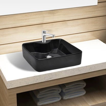 Ceramic Bathroom Sink Basin with Faucet Hole Black Square - Bend