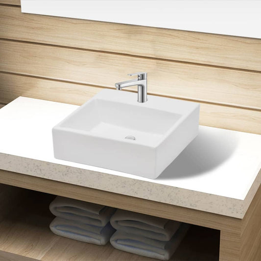 Ceramic Bathroom Sink Basin with Faucet Hole White Square - Bend