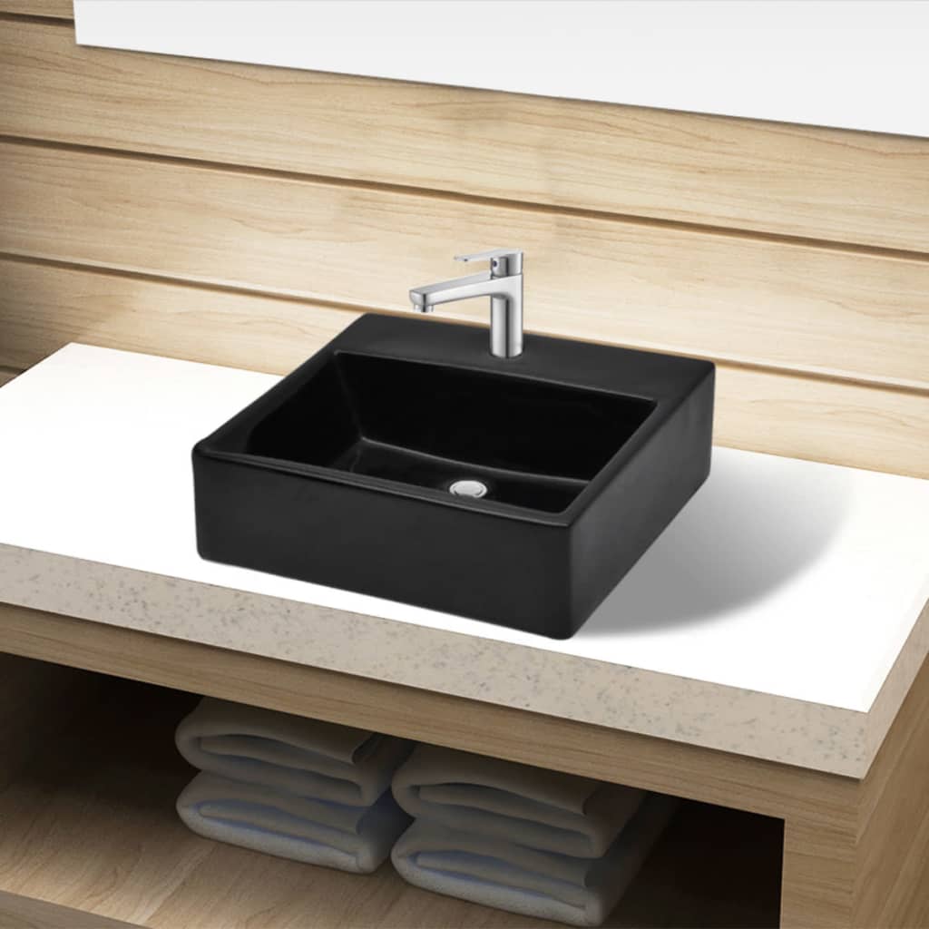 Ceramic Bathroom Sink Basin with Faucet Hole Black Square - Bend