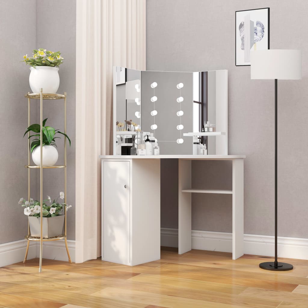 Corner Dressing Table Make-up Table with LED Light White - Bend