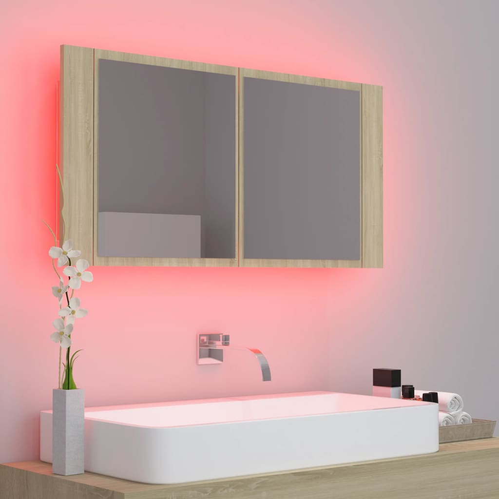 LED Bathroom Mirror Cabinet Sonoma Oak 90x12x45 cm Acrylic - Bend