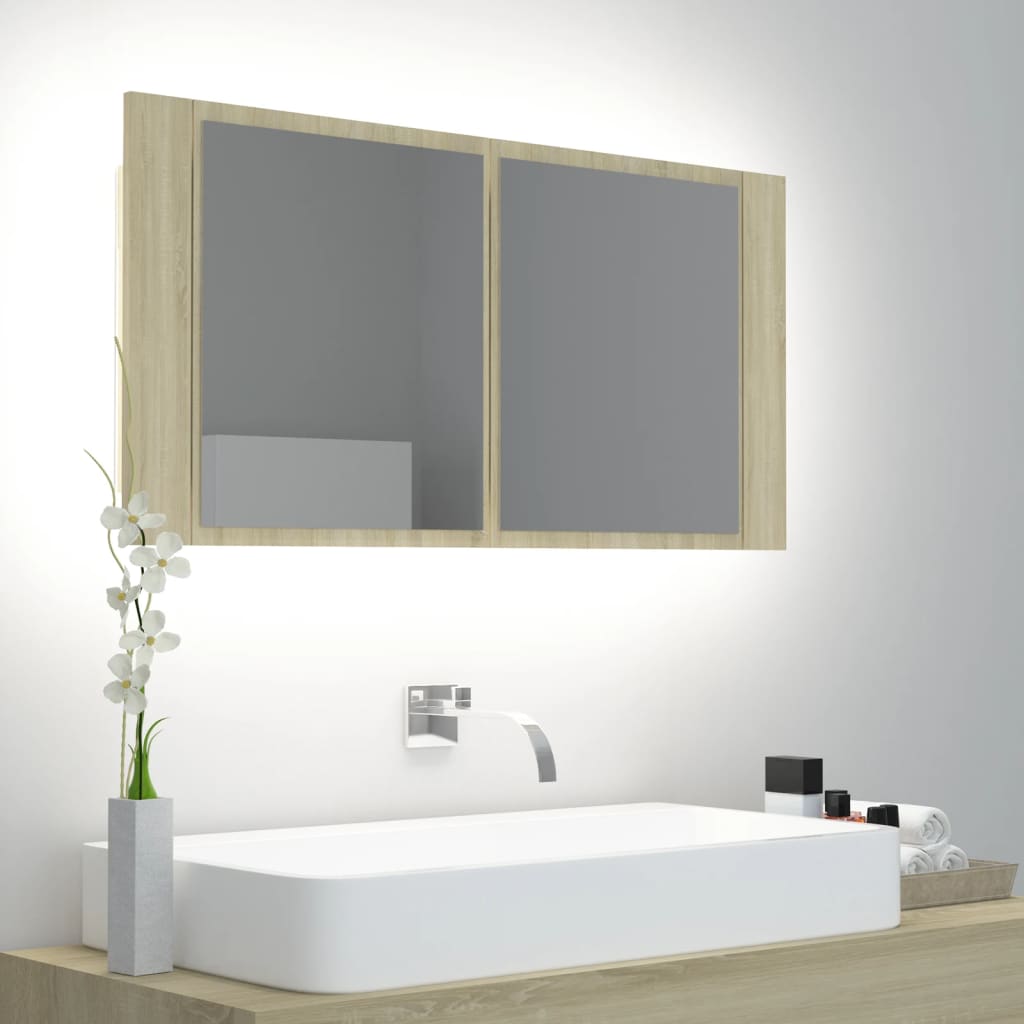 LED Bathroom Mirror Cabinet Sonoma Oak 90x12x45 cm Acrylic - Bend