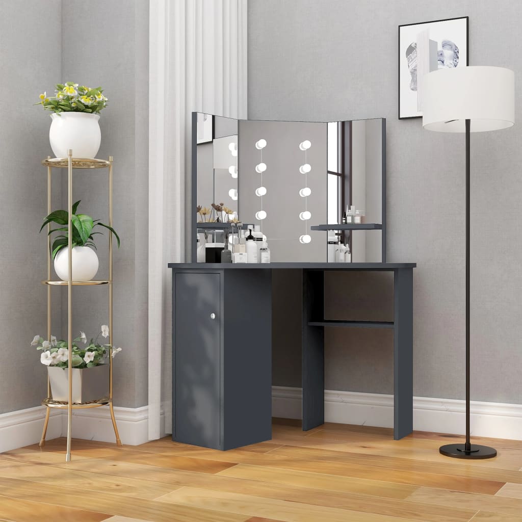 Corner Dressing Table with LED Grey 111x54x141.5 cm - Bend