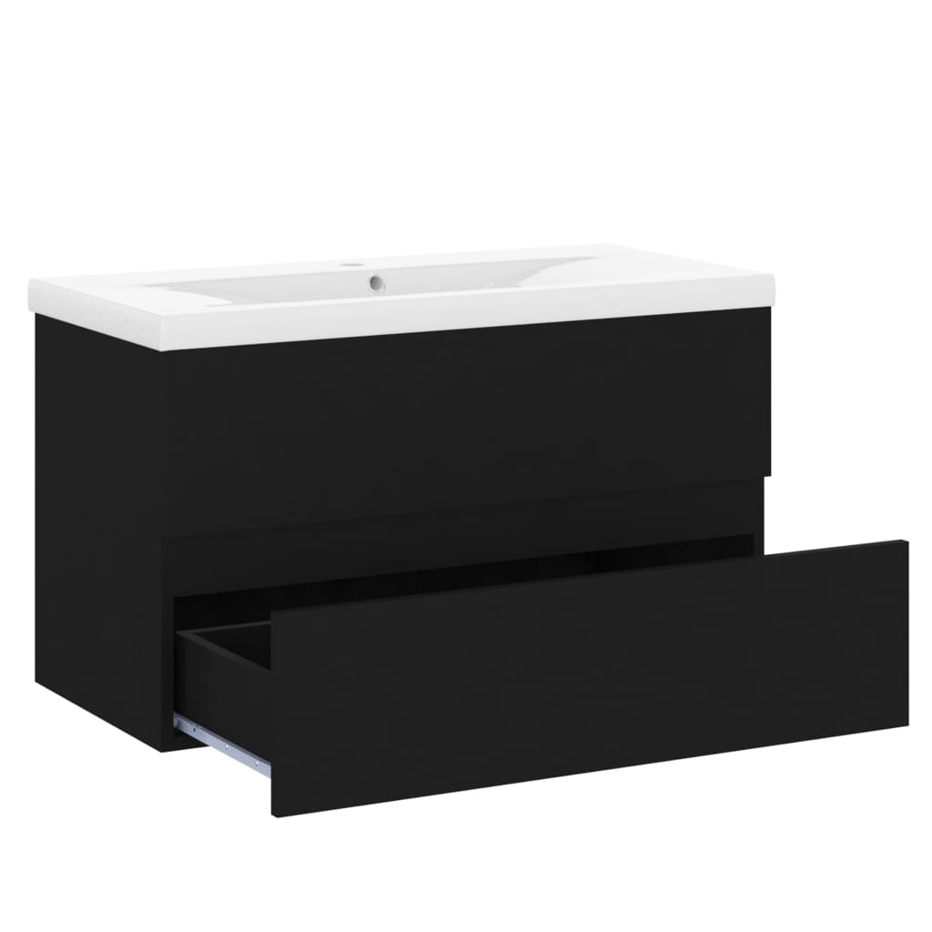 Sink Cabinet with Built-in Basin Black Engineered Wood