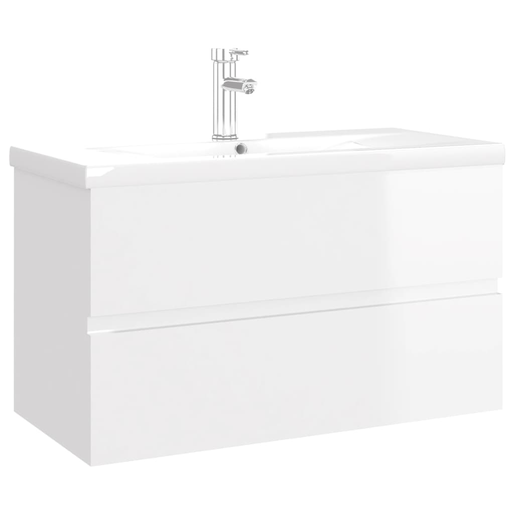 Sink Cabinet with Built-in Basin High Gloss White Engineered Wood - Bend