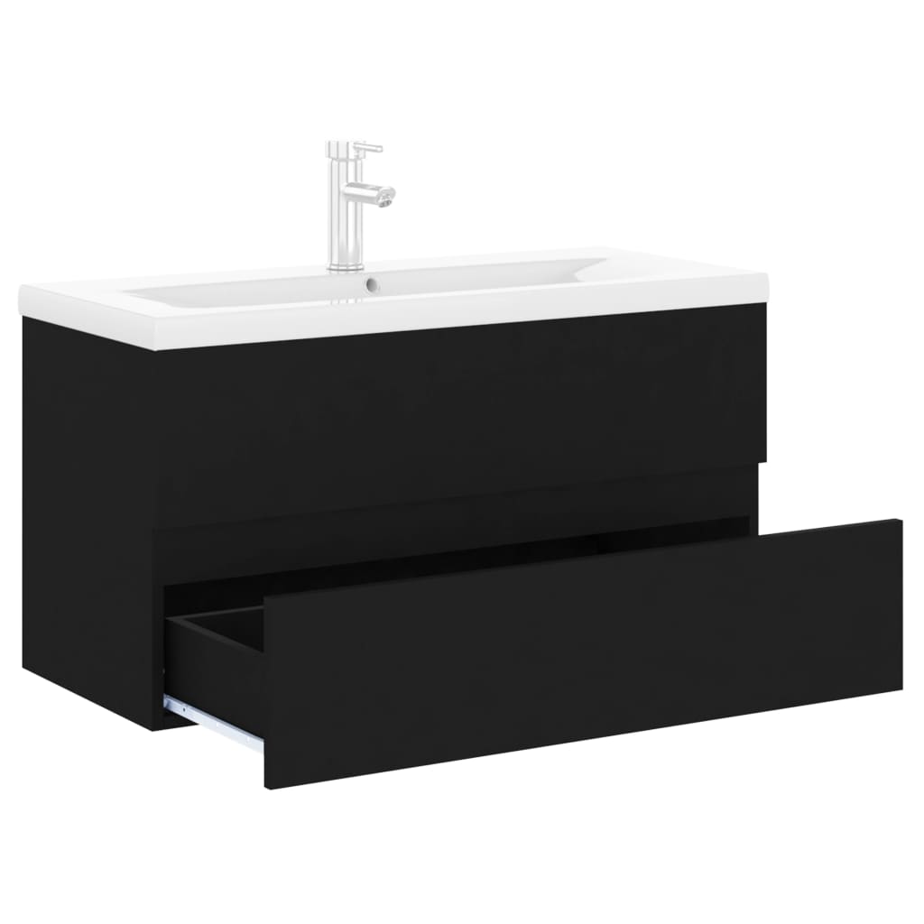 Sink Cabinet with Built-in Basin Black Engineered Wood - Bend