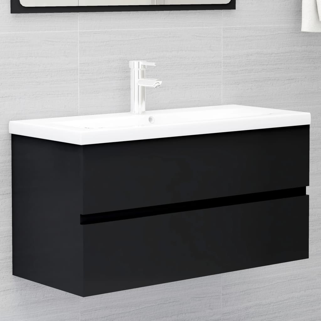 Sink Cabinet with Built-in Basin Black Engineered Wood - Bend