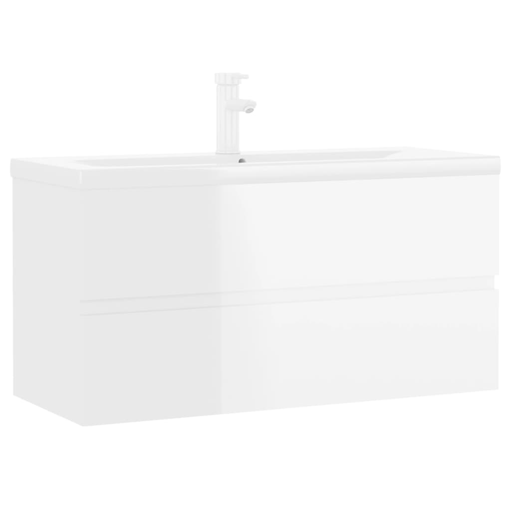 Sink Cabinet with Built-in Basin High Gloss White Engineered Wood - Bend