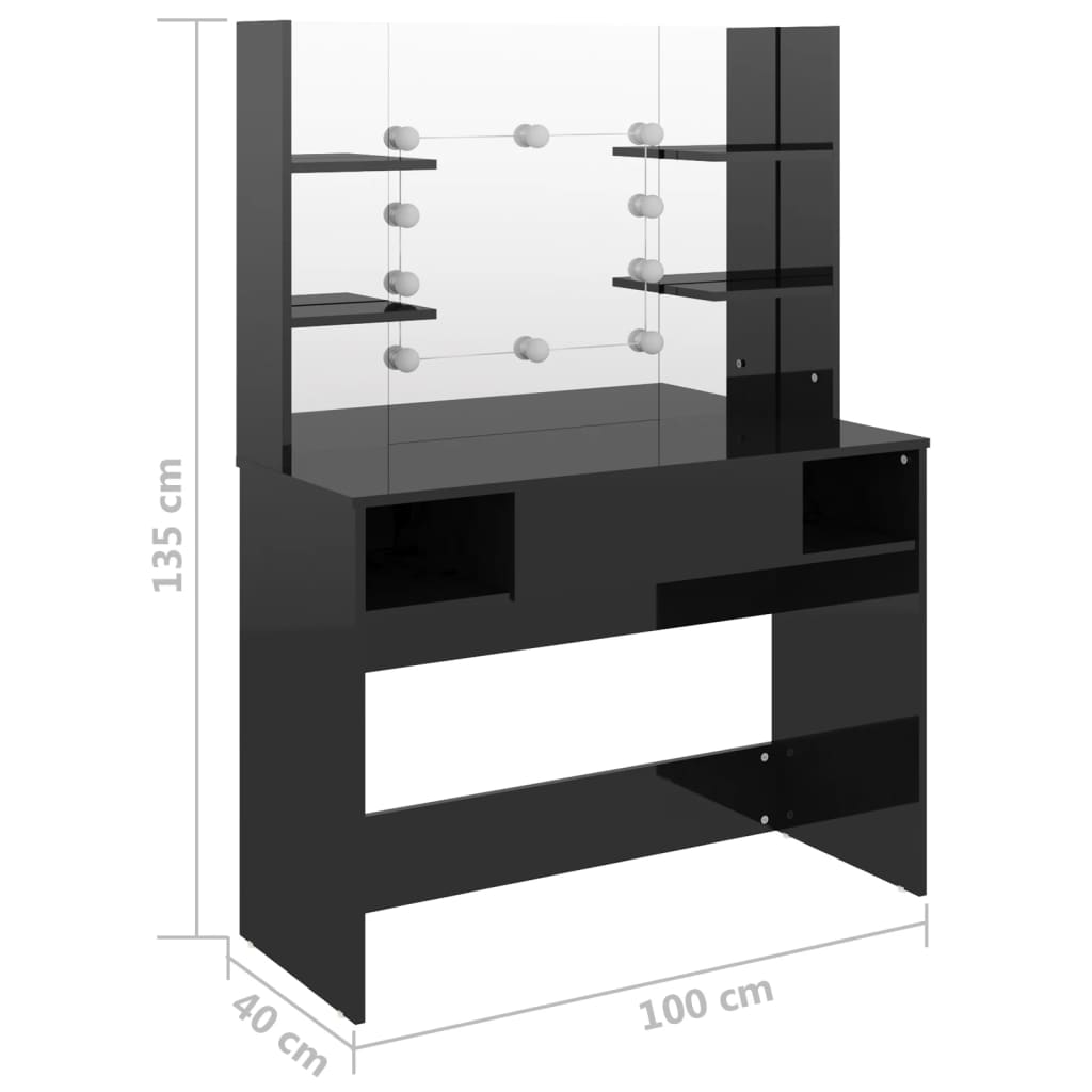 Makeup Table with LED Lights 100x40x135 cm MDF Shining Black - Bend