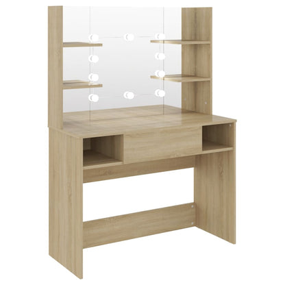 Makeup Table with LED Lights 100x40x135 cm MDF Oak - Bend