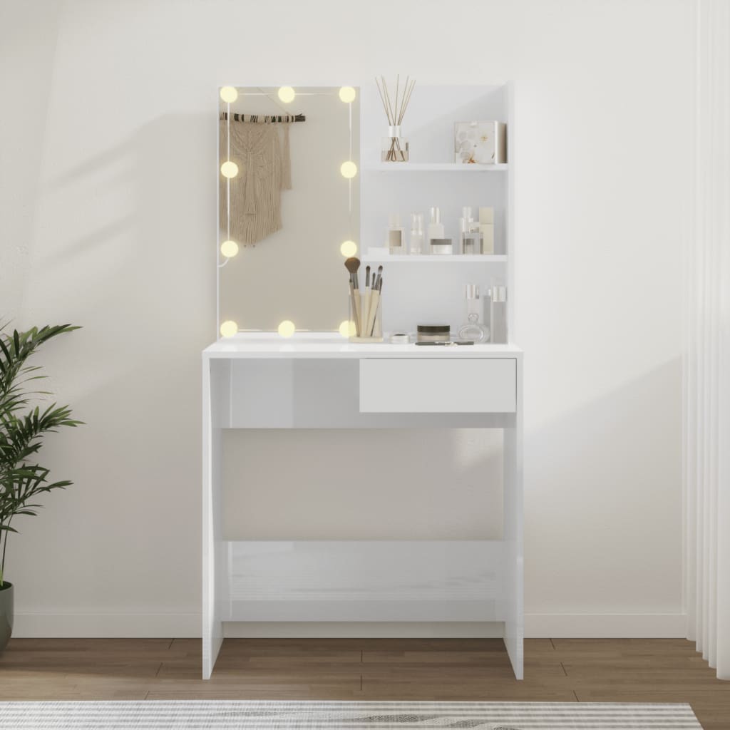 Dressing Table with LED High Gloss White 74.5x40x141 cm - Bend