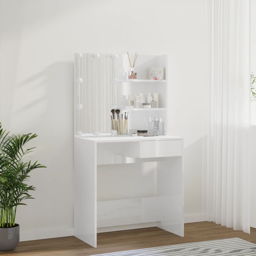 Dressing Table with LED High Gloss White 74.5x40x141 cm - Bend