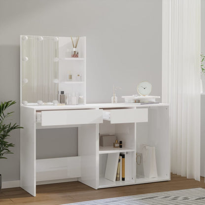 LED Dressing Table with Cabinet White Engineered Wood - Bend