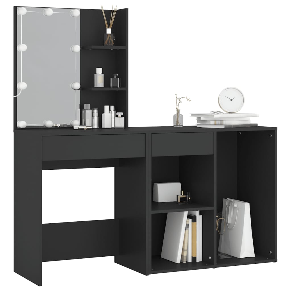 LED Dressing Table with Cabinet Black Engineered Wood - Bend