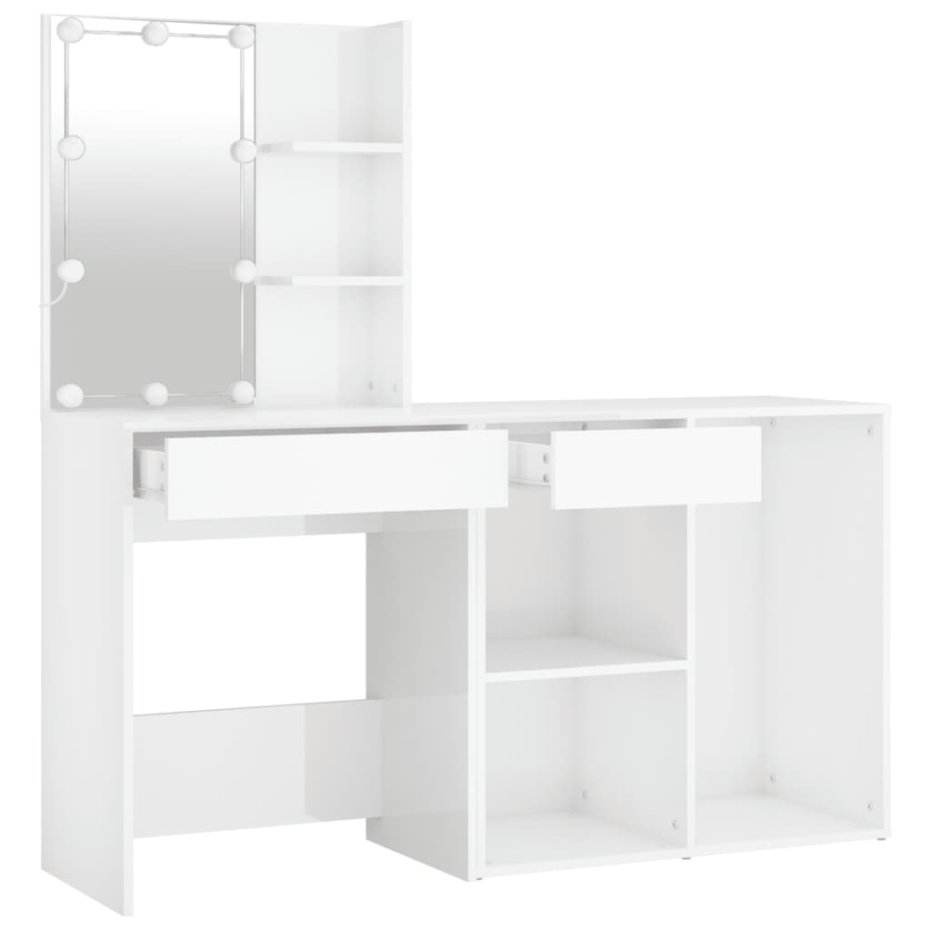 LED Dressing Table with Cabinet High Gloss White Engineered Wood - Bend