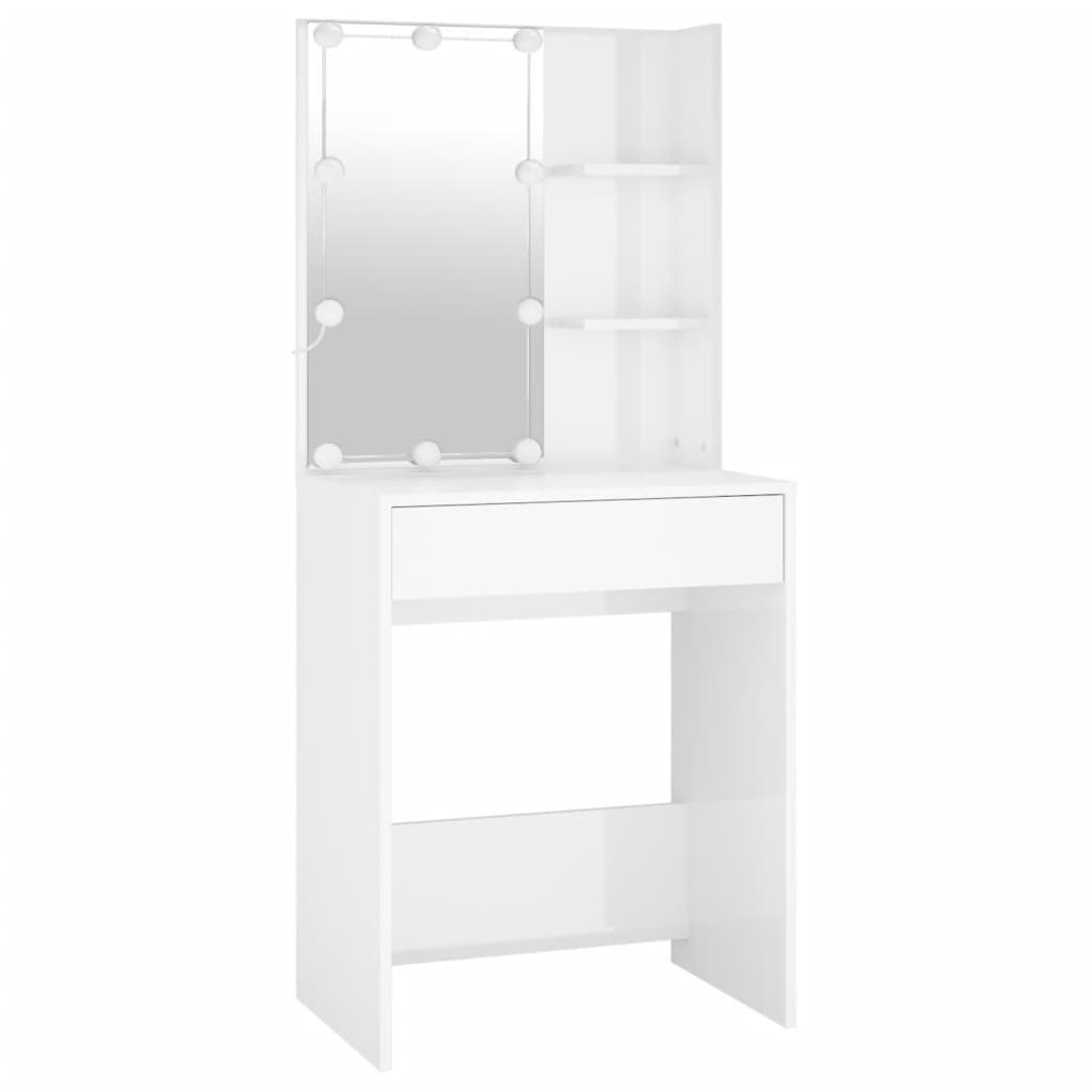 LED Dressing Table with Cabinet High Gloss White Engineered Wood - Bend