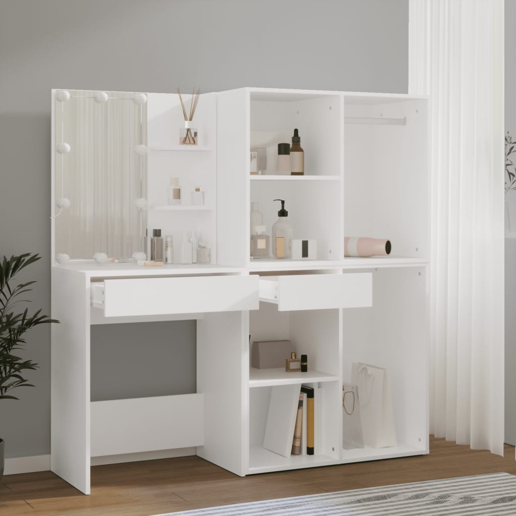 LED Dressing Table with 2 Cabinets White Engineered Wood - Bend