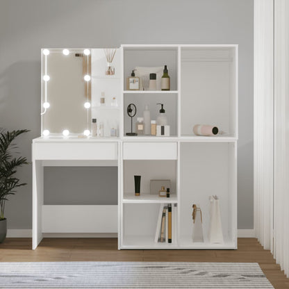 LED Dressing Table with 2 Cabinets White Engineered Wood - Bend