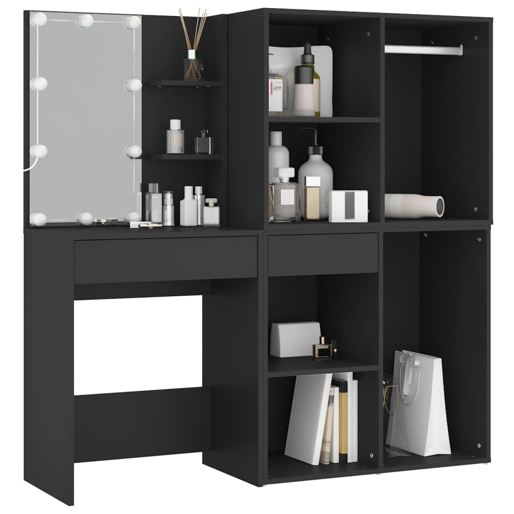 LED Dressing Table with Cabinets Black Engineered Wood - Bend