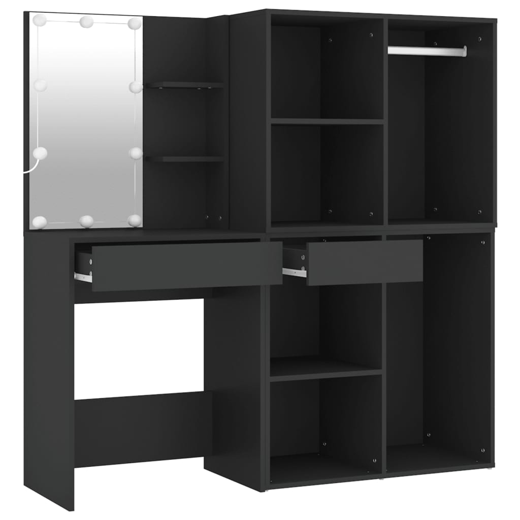 LED Dressing Table with Cabinets Black Engineered Wood - Bend