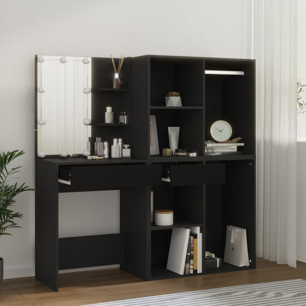 LED Dressing Table with Cabinets Black Engineered Wood - Bend