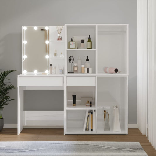 LED Dressing Table with 2 Cabinets High Gloss White Engineered Wood - Bend