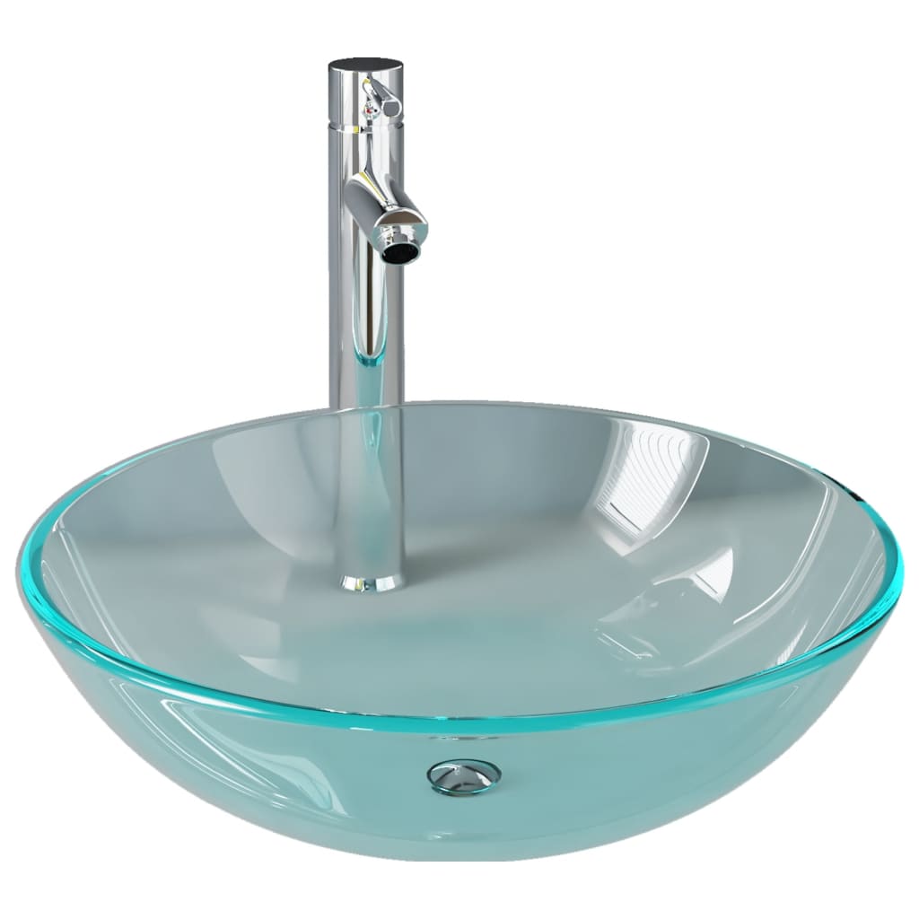 Bathroom Sink with Tap and Push Drain in Tempered Glass - Clear