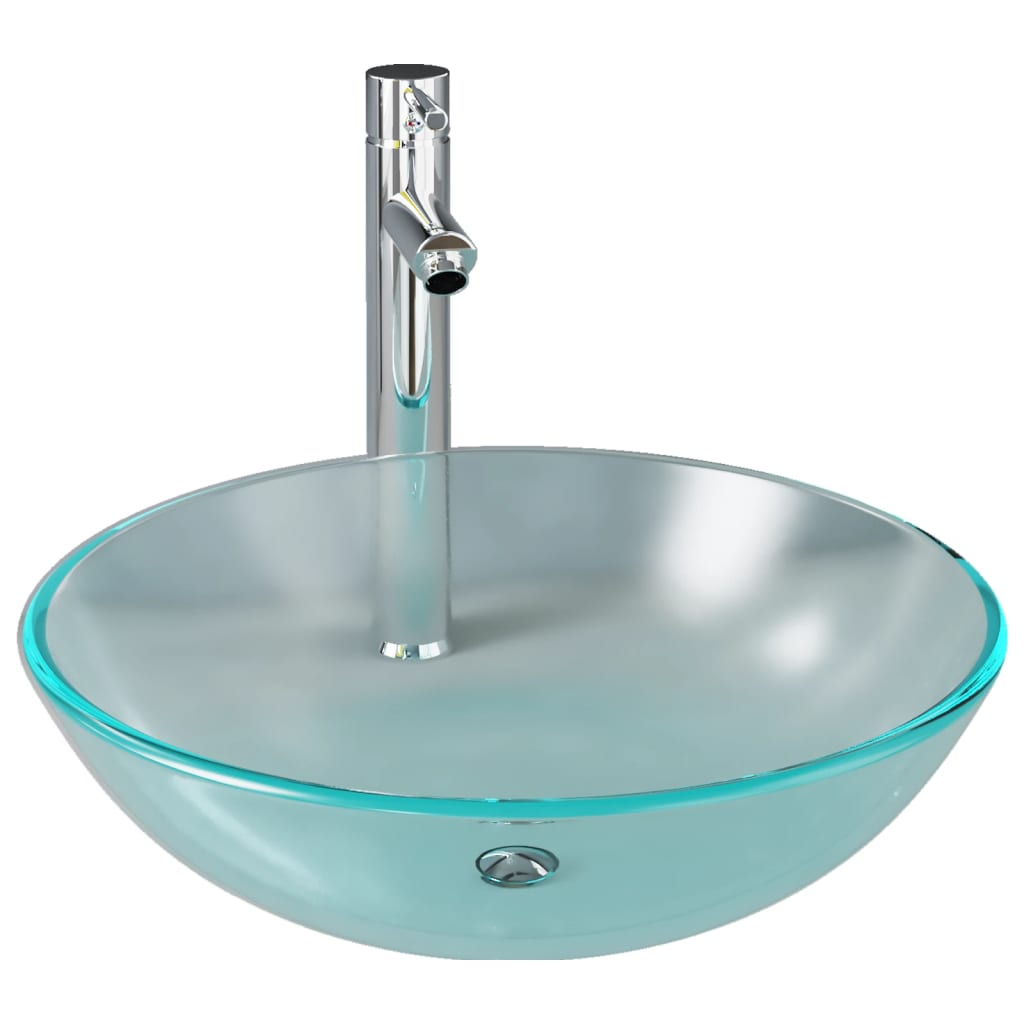 Tempered Glass Bathroom Sink with Tap and Push Drain - Frosted