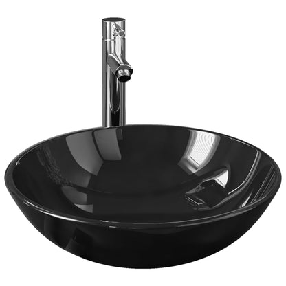 Bathroom Sink with Tap and Push Drain Tempered Glass - Black