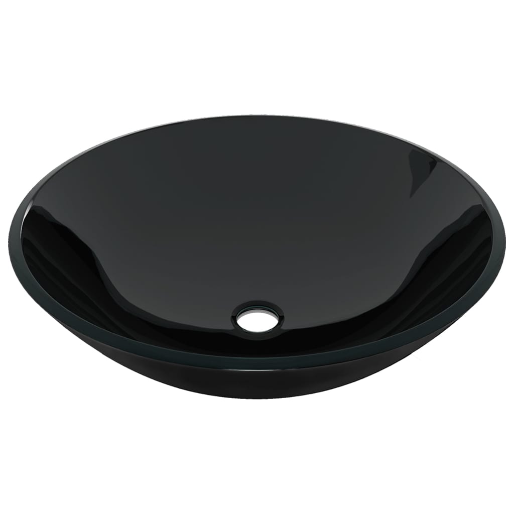 Bathroom Sink with Tap and Push Drain Tempered Glass - Black