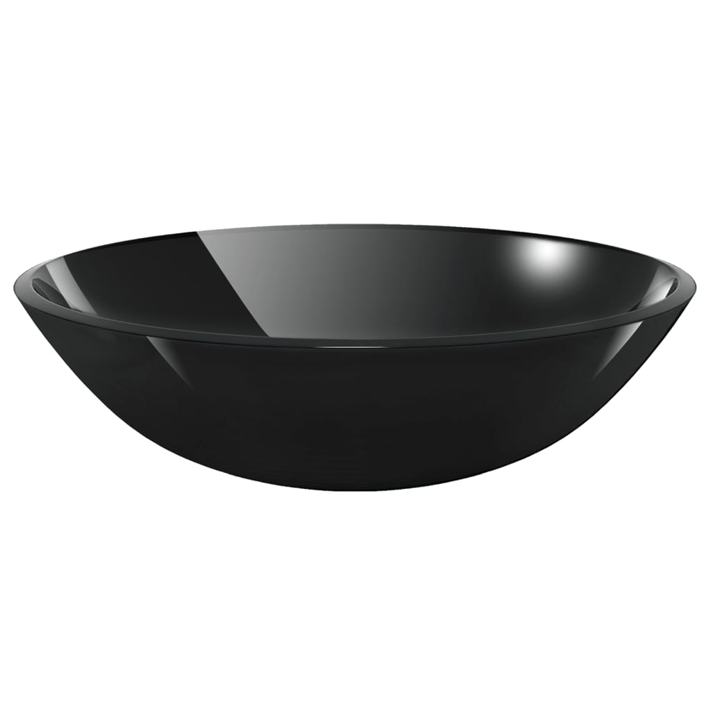 Bathroom Sink with Tap and Push Drain Tempered Glass - Black