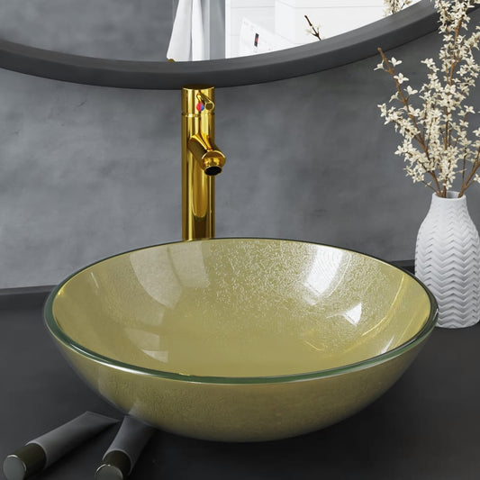 Elegant Bathroom Sink with Tap and Push Drain - Gold Tempered Glass