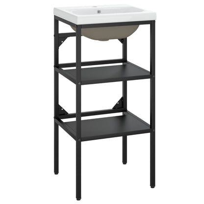 Tall Washbasin Frame with Built-in Basin, Black Iron - With Shelves