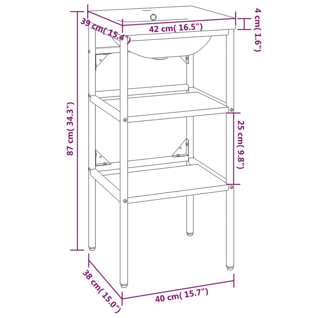 Tall Washbasin Frame with Built-in Basin, Black Iron - With Shelves