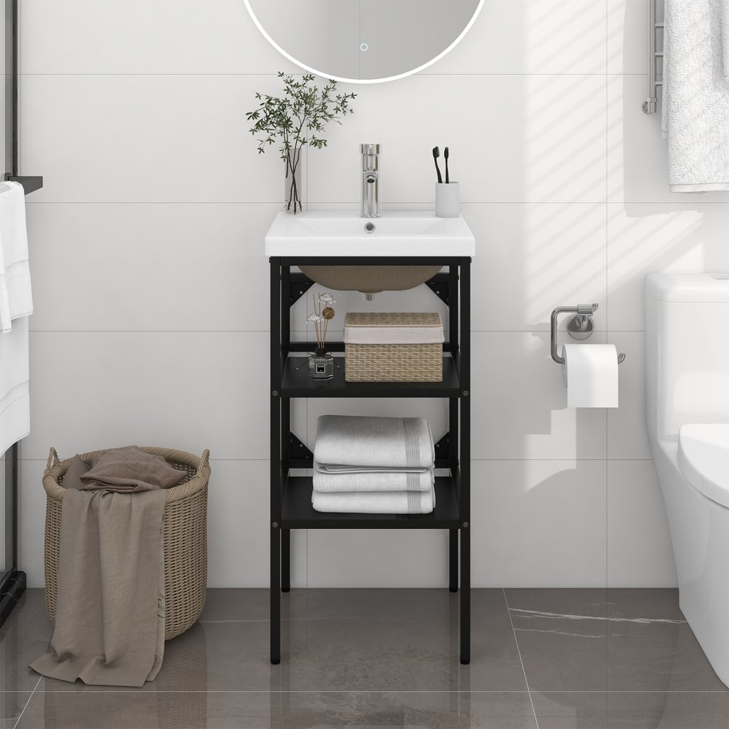 Tall Washbasin Frame with Built-in Basin, Black Iron - With Shelves