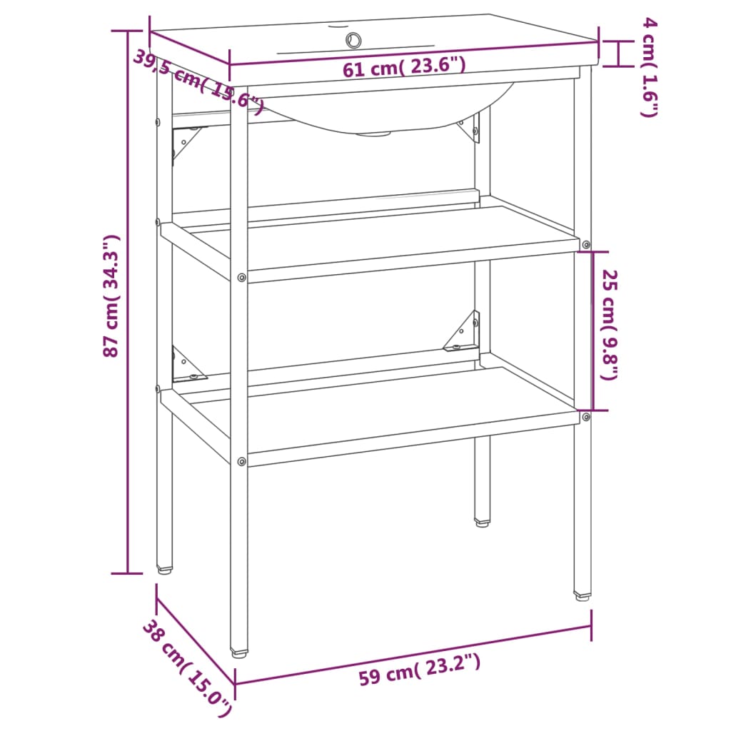 Medium Washbasin Frame with Built-in Basin, Black Iron - With Shelves