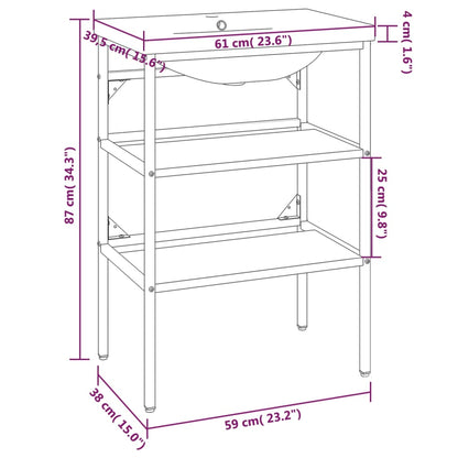 Medium Washbasin Frame with Built-in Basin, Black Iron - With Shelves