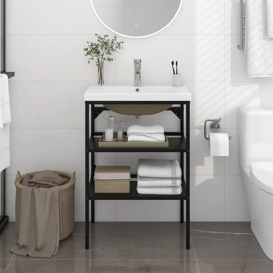 Medium Washbasin Frame with Built-in Basin, Black Iron - With Shelves