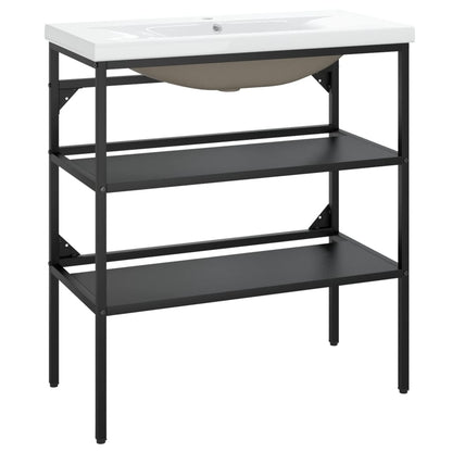 Large Washbasin Frame with Built-in Basin, Black Iron - With Shelves