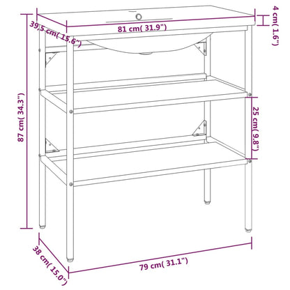 Large Washbasin Frame with Built-in Basin, Black Iron - With Shelves