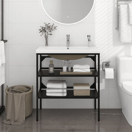 Large Washbasin Frame with Built-in Basin, Black Iron - With Shelves