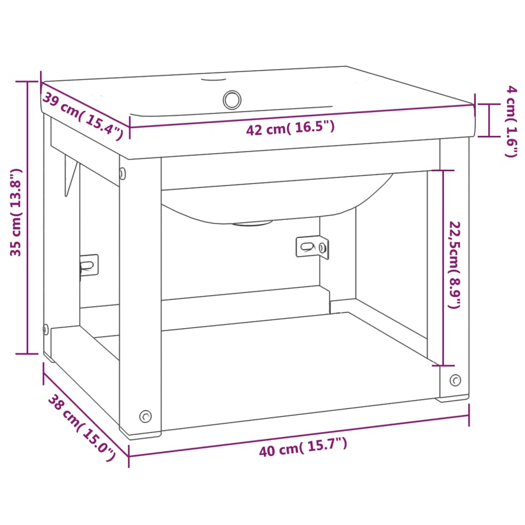 Floating Washbasin Frame with Built-in Basin, Black Iron - Small